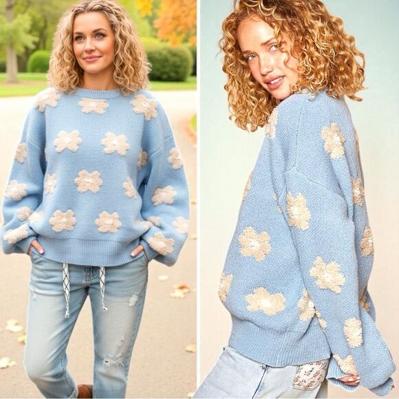 POL Sweaters - POL Oversized Sweater Blue Daisy Floral Drop Shoulder Size Medium NEW
